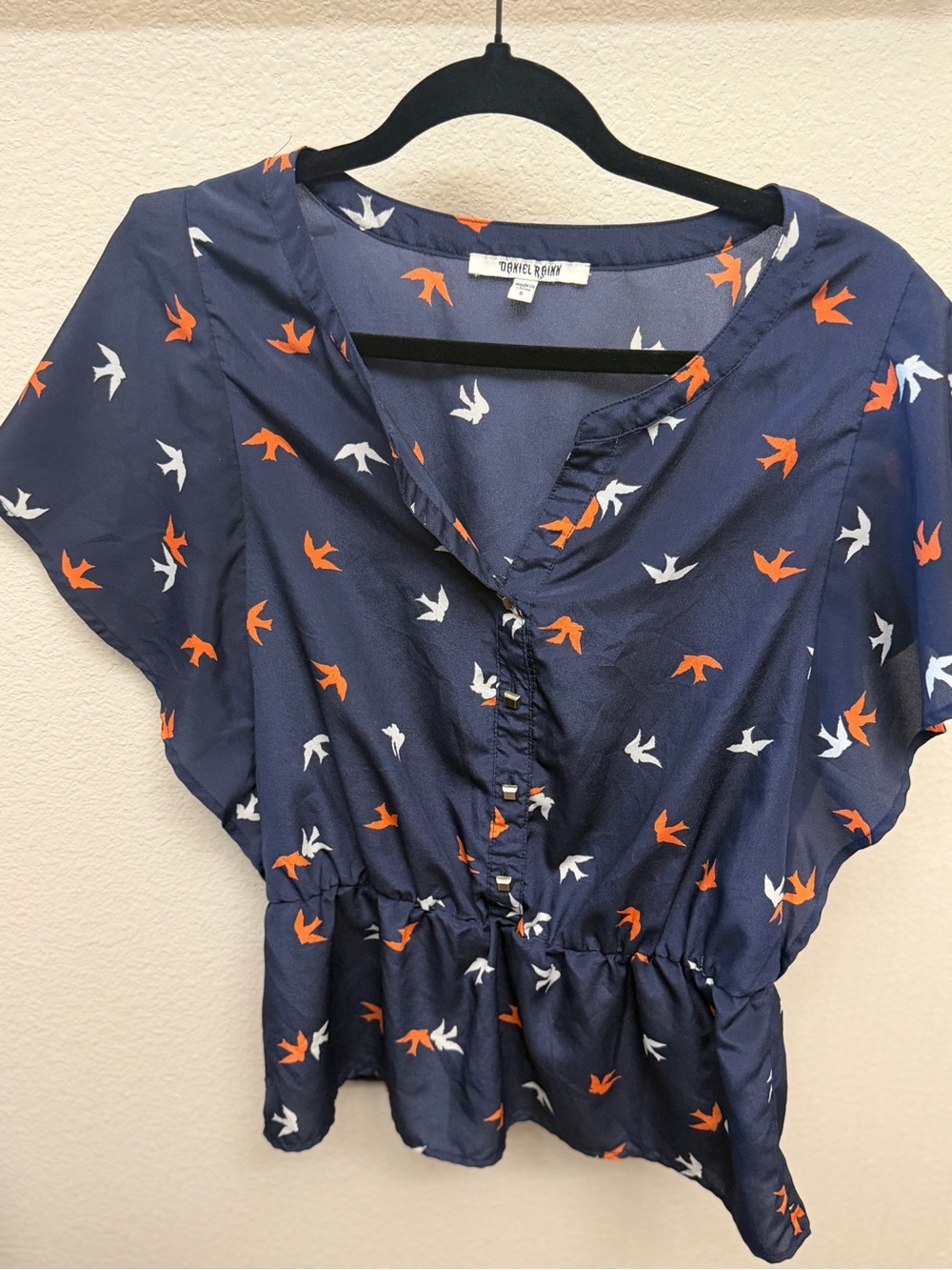 Daniel Rainn Navy Blouse with Orange and White Bird Print
